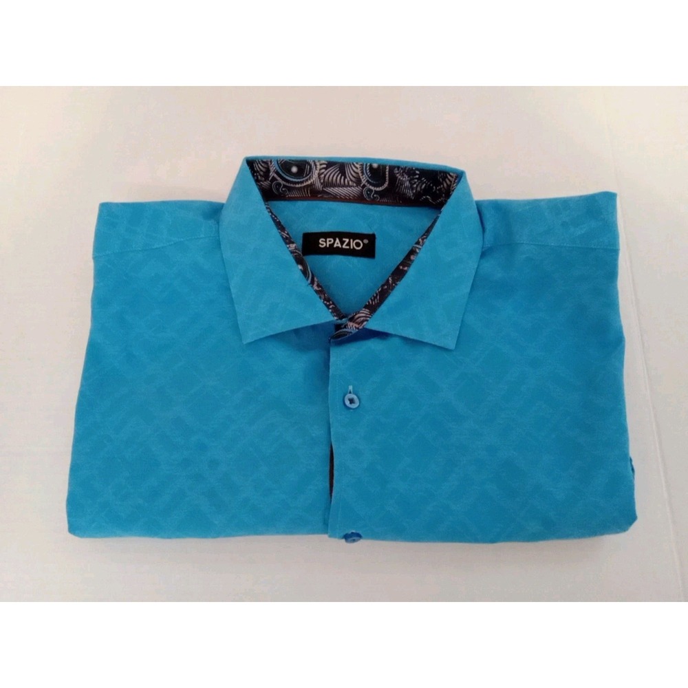 Spazio Men Teal Blue Contrast Trim Collared Long‎ Sleeve Shirt Size Xl